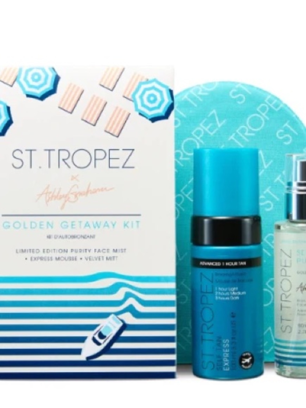 New in box 3 piece set St. Tropez Golden Getaway Kit Ashley Graham limited edt